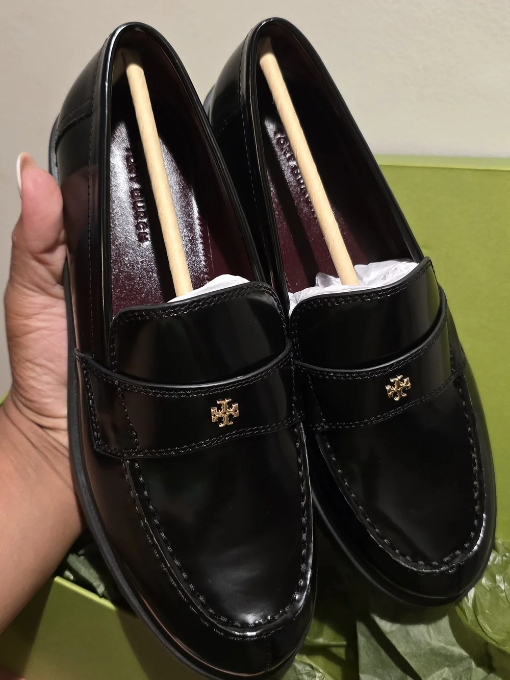 Tory Burch Black Patent Leather Loafers with Gold Logo